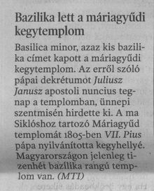 Bazilika lett a máriagyüdi kegytemlom