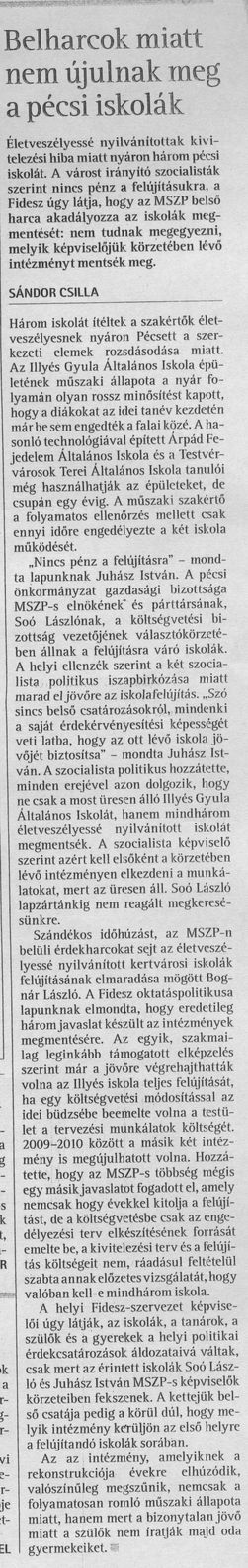Belharcok miatt nem újulnak meg a pécsi iskolák