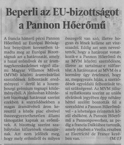 Beperli az EU-bizottságot a Pannon Hőerőmű