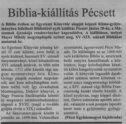 Bibliakiállítás Pécsett