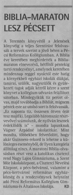 Bibliamaraton a pécsi református kollégiumban