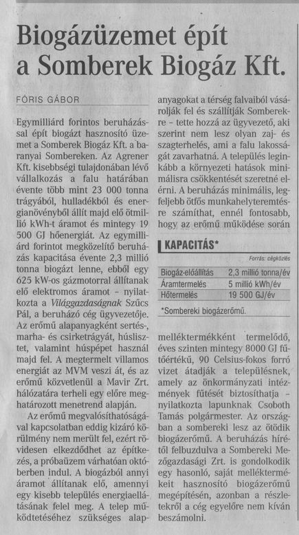 Biogázüzemet épít a Somberek Biogáz Kft.