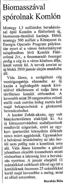 Biomasszával spórolnak Komlón