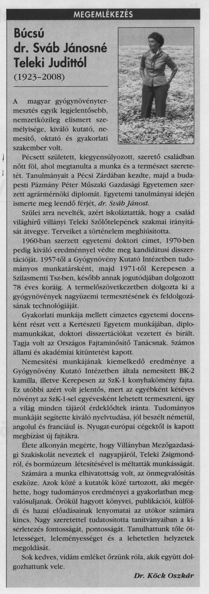 Búcsú dr. Sváb Jánosné Teleki Judittól (1923-2008)