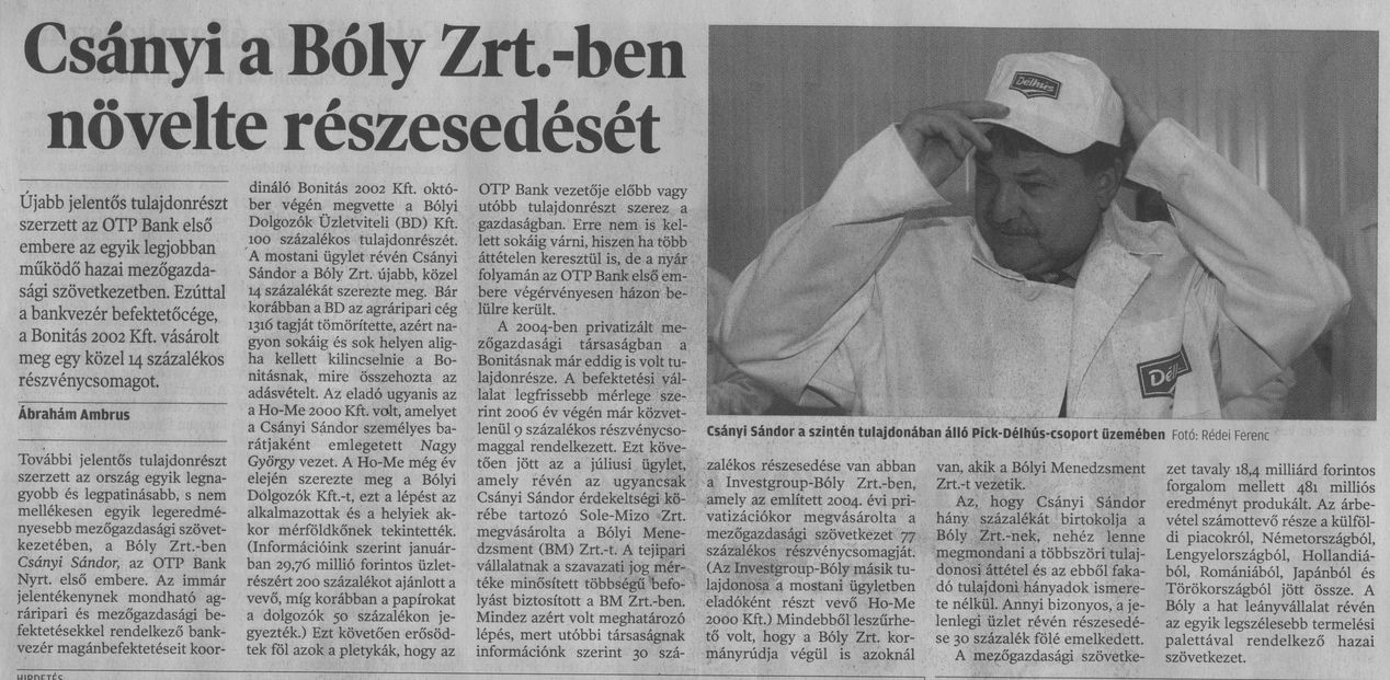 Csányi a Bóly Zrt.-ben növelte részesedését