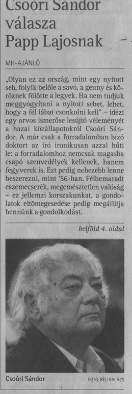 Csoóri Sándor válasza Papp Lajosnak = Forradalom vagy lázadás