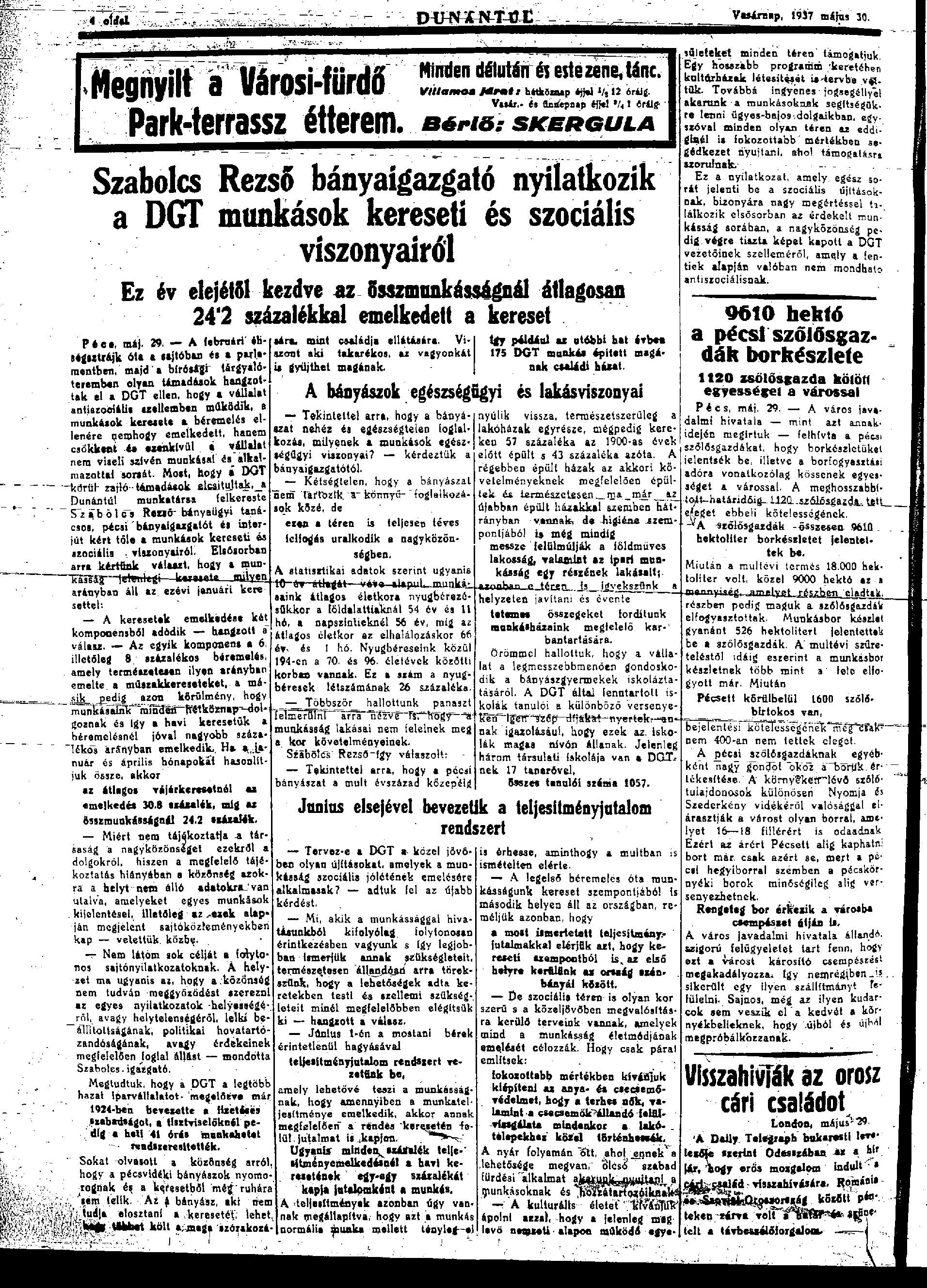 Szabolcs Rezső bányaigazgató nyilatkozik a DGT munkások kereseti és szociális viszonyairól