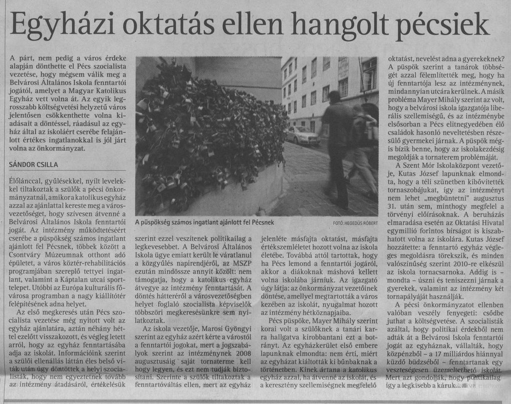 Egyházi oktatás ellen hangolt pécsiek