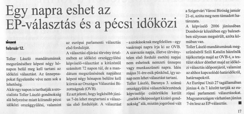 Egy napra eshet az EP-választás és a pécsi időközi