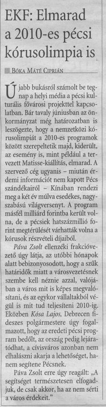 EKF : Elmarad a 2010-es pécsi kórusolimpia is