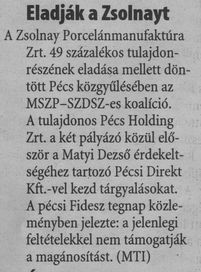 Eladják a Zsolnayt