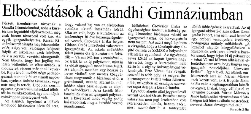 Elbocsátások a Gandhi Gimnáziumban