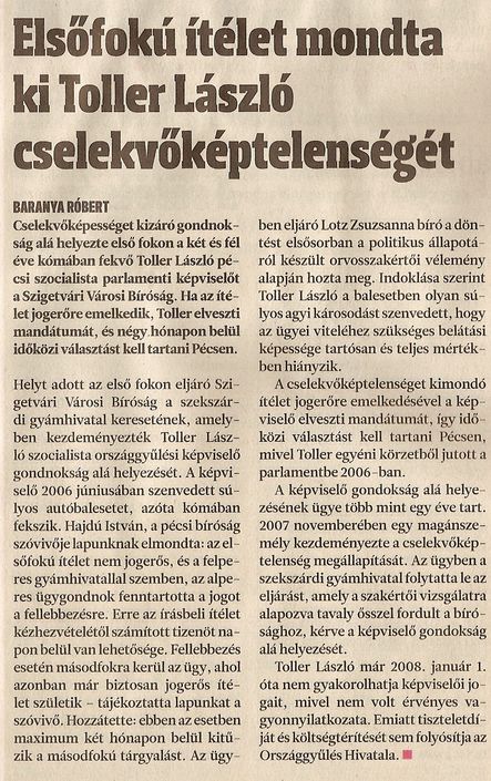 Elsőfokú ítelet mondta ki Toller László cselekvőképtelenségét