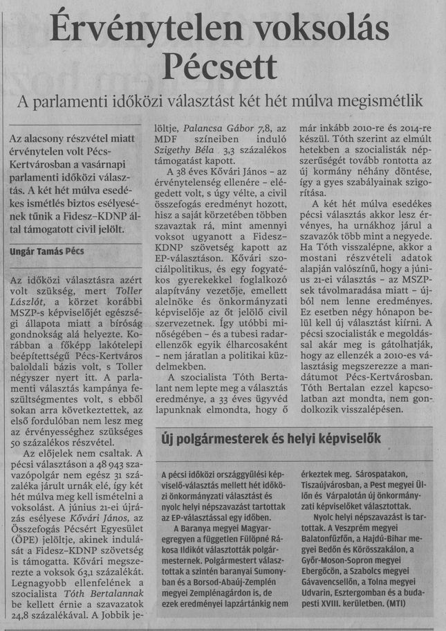 Érvenytelen voksolás Pécsett : A parlamenti időközi választást két hét múlva megismétlik