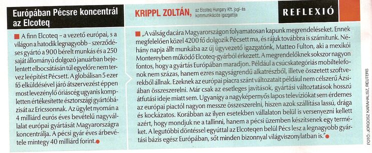 Európában Pécsre koncentrál az Elcoteq