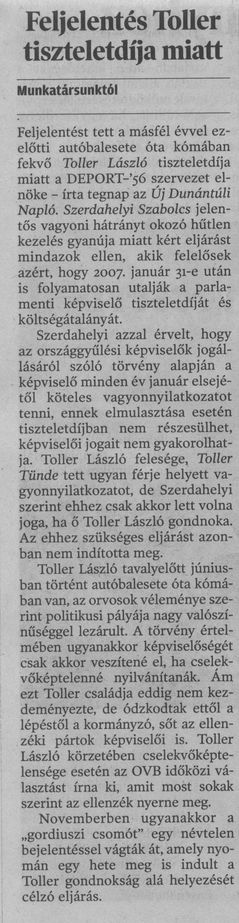 Feljelentés Toller tiszteletdíja miatt