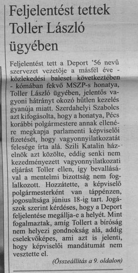 Feljelentést tettek Toller László ügyében Bejelentések után feljelentés a Toller-ügyben