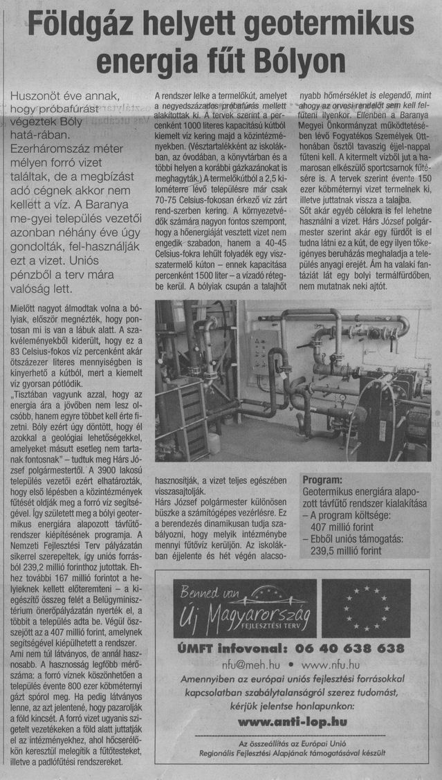 Földgáz helyett geotermikus energia fűt Bólyon