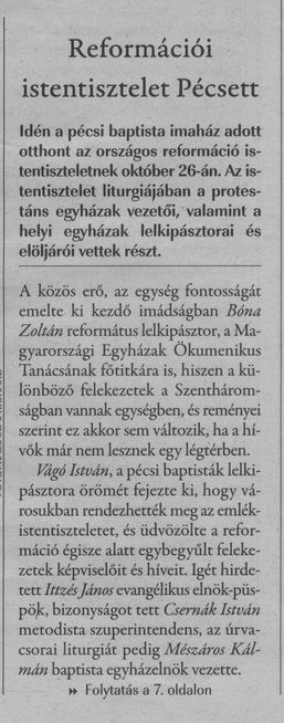 Reformációi istentisztelet Pécsett