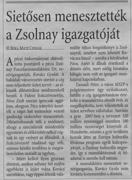 Sietősen menesztették a Zsolnay igazgatóját