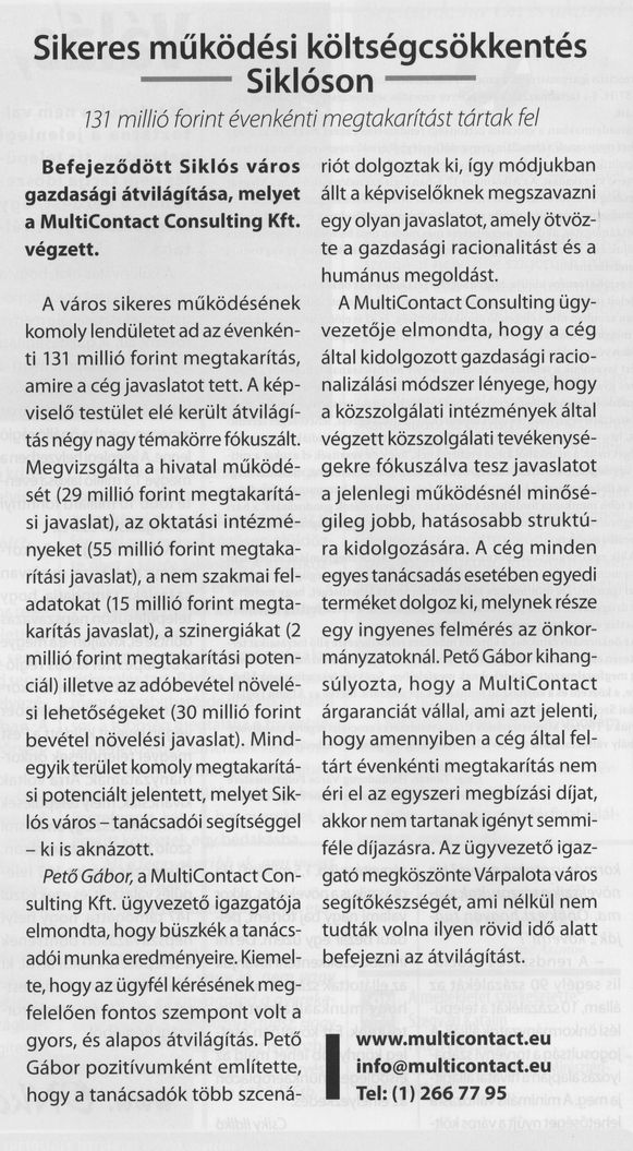 Sikeres működési költségcsökkentés Siklóson