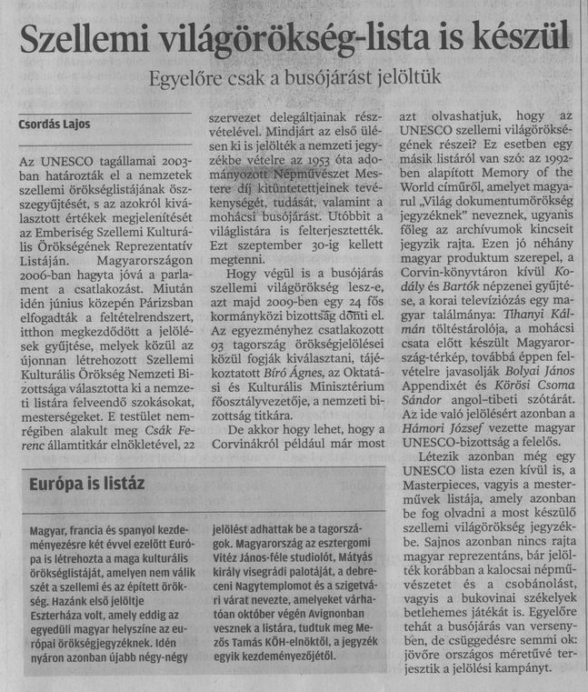 Szellemi világörökség - lista is készül Egyelőre csak a busójárást jelöltük