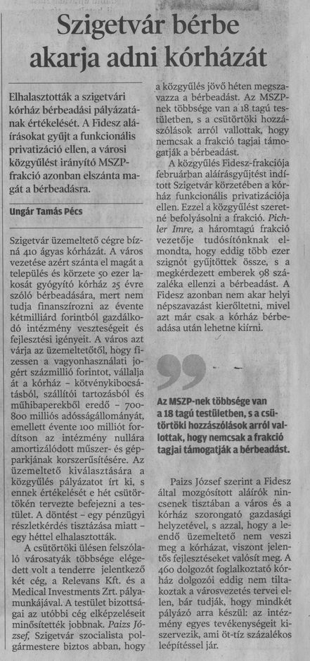 Szigetvár bérbe akarja adni kórházát