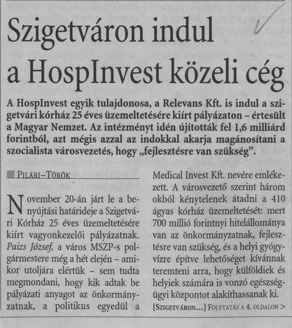 Szigetváron indul a Hospinvest közeli cég