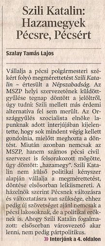 Szili Katalin: Hazamegyek Pécsre Pécsért