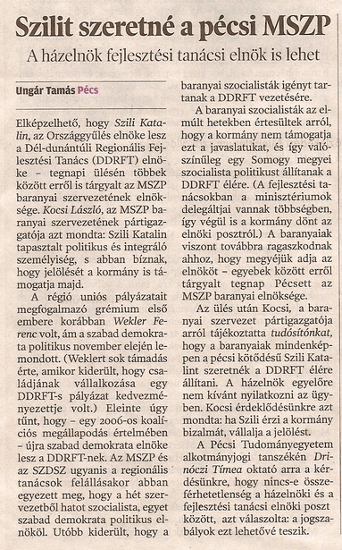 Szilit szeretné a pécsi MSZP : A házelnök fejlesztési tanácsi elnök lehet