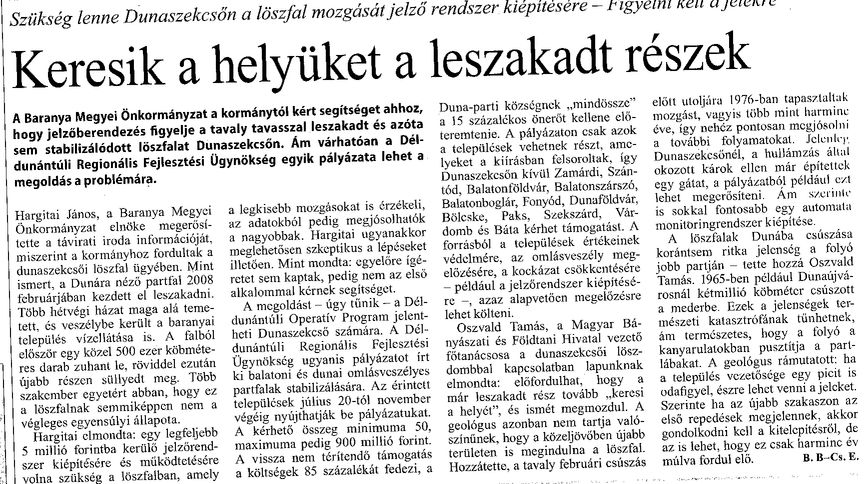 Szükség lenne Dunaszekcsőn a löszfal mozgását jelző rendszer kiépítésére - Figyelni kell a jelekre
