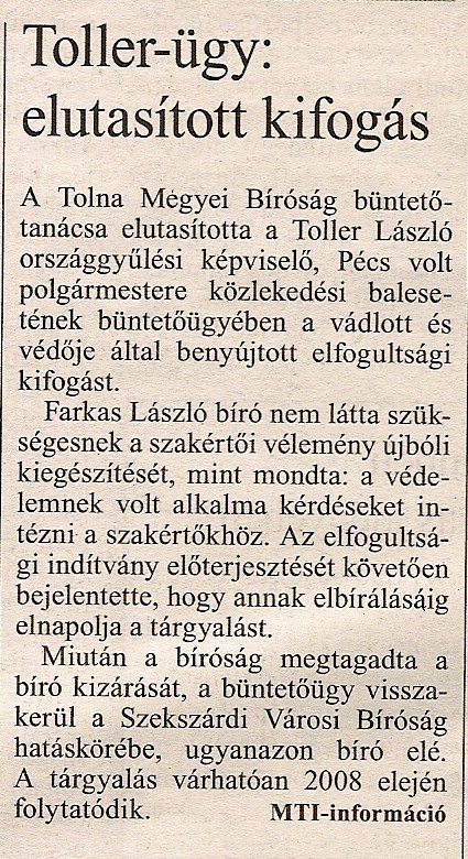 Toller-ügy: elutasított kifogás