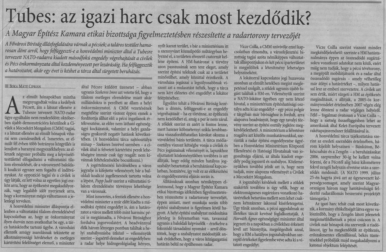 Tubes: az igazi harc csak most kezdődik? A Magyar Építész Kamara etikai bizottsága figyelmeztetésben részesítette a radartorony tervezőjét