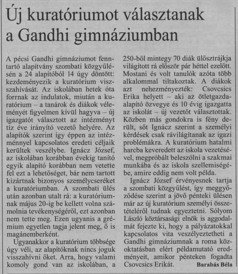 Új kuratóriumot választanak a Gandhi Gimnáziumban
