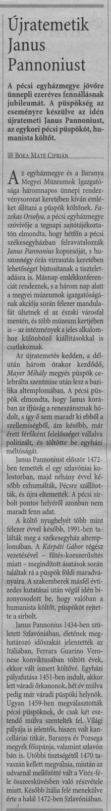 Újratemetik Janus Pannoniust