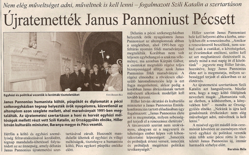 Újratemették Janus Pannonius maradványait