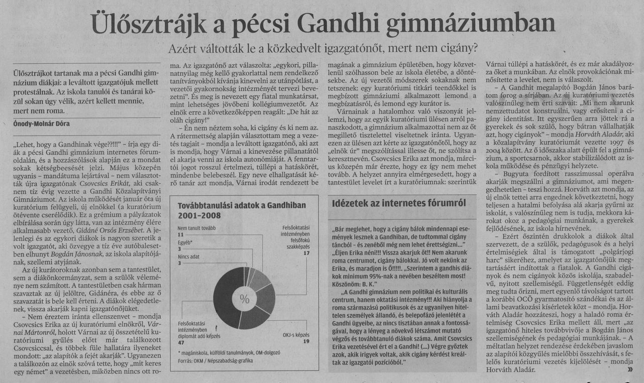 Ülősztrájk a pécsi Gandhi gimnáziumban : Azért váltották le a közkedvelt igazgatónőt, mert cigány?