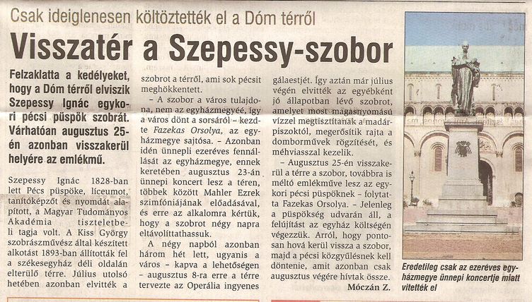 Csak ideiglenesen költöztették el a Dóm térről Visszatér a Szepessy-szobor