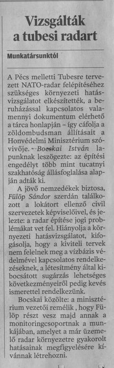 Vizsgálták a tubesi radart