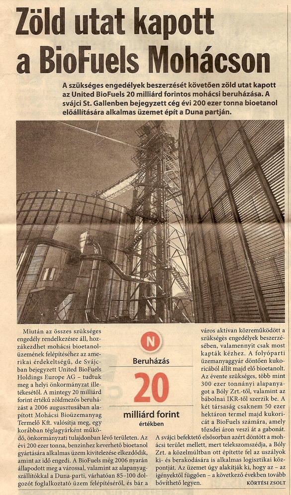 Zöld utat kapott a BioFuels Mohácson