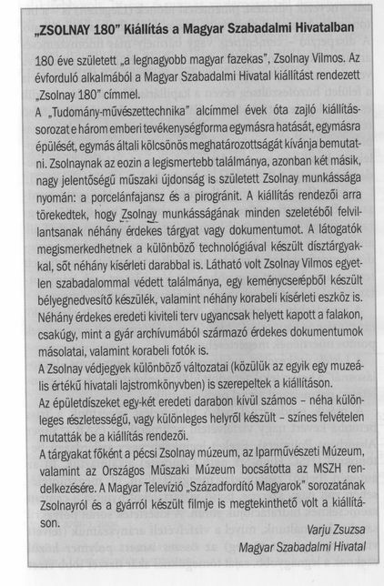 "Zsolnay 180" kiállítás a Magyar Szabadalmi Hivatalban