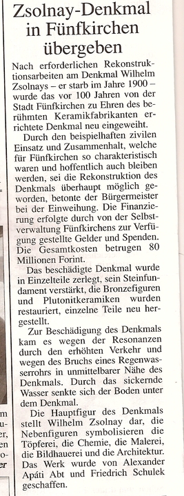 Zsolnay-Denkmal in Fünfkirchen übergeben