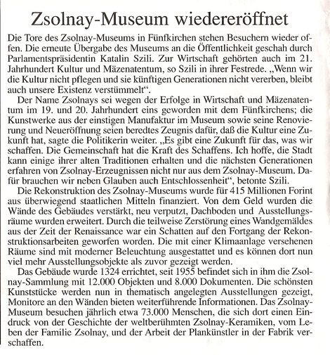 Zsolnay-Museum wideröffnet